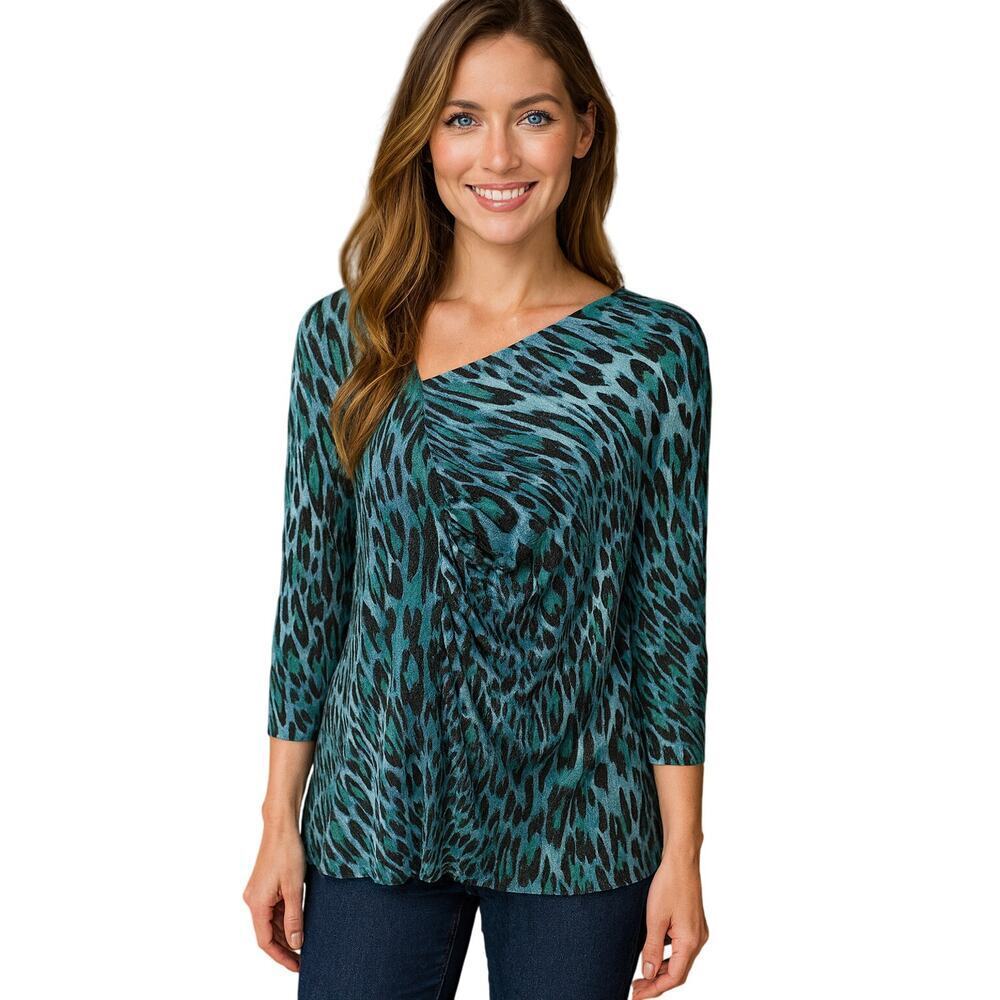 Liz Lange sz 1X ruched side teal lepord animal print tunic top stretch soft +